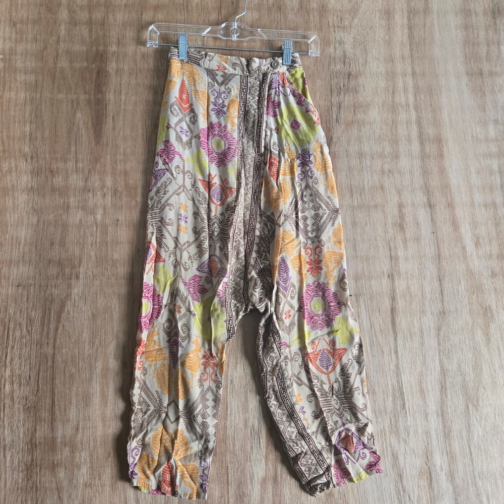 Vintage Harem Pants Multi-Color Ikat Geometric Boho Drop Crotch Trousers